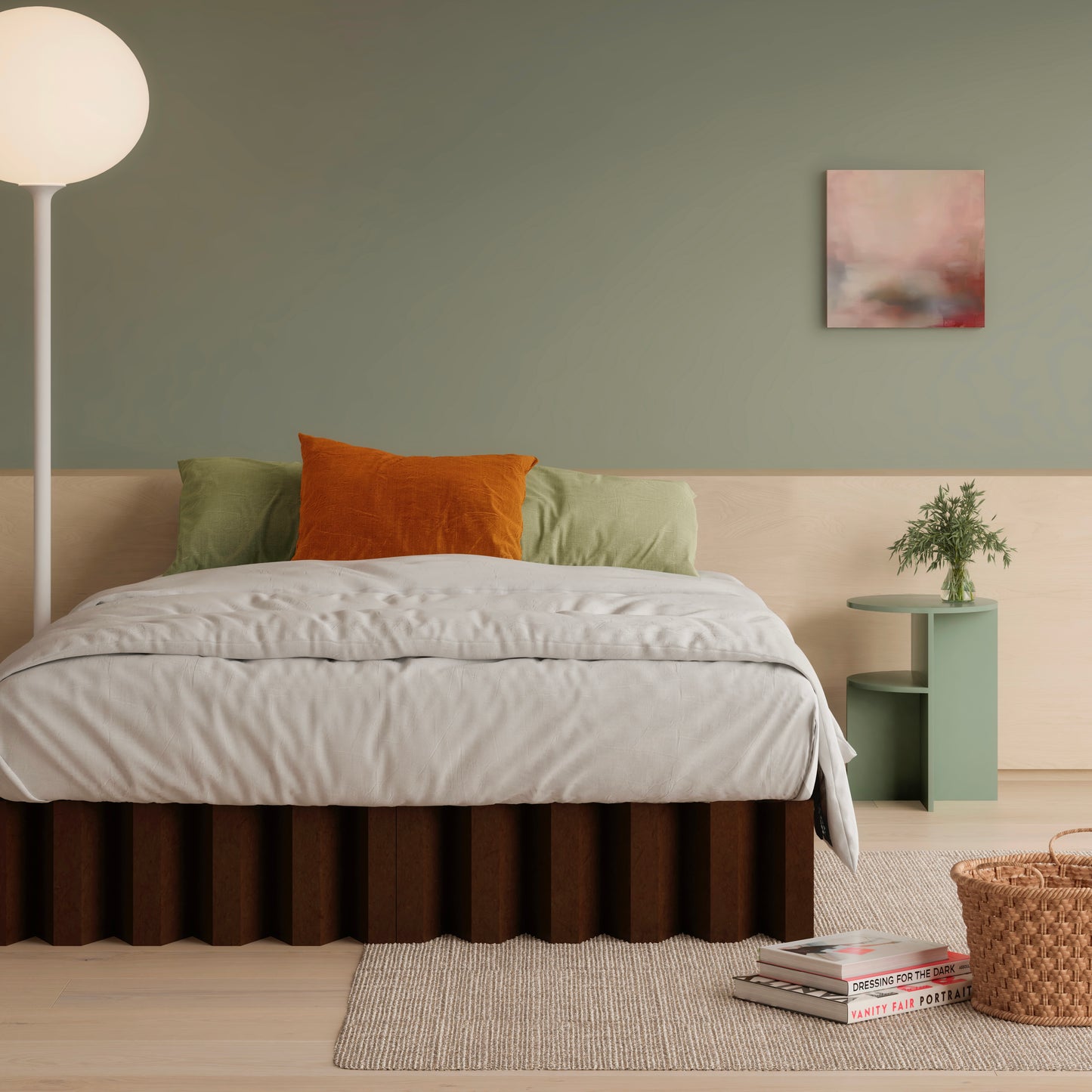 Yona Cardboard Bed in dark oak finish displayed in a chic bedroom