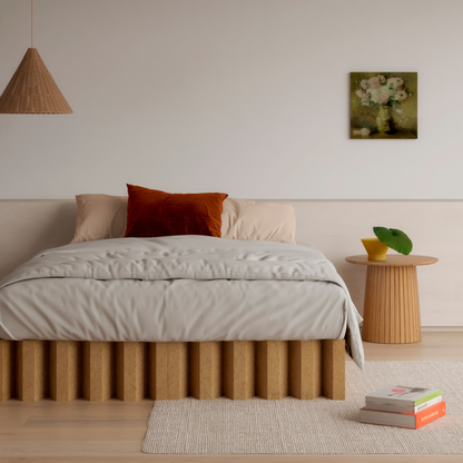 Yona Cardboard Bed in natural finish showcased in a bright scandi bedroom