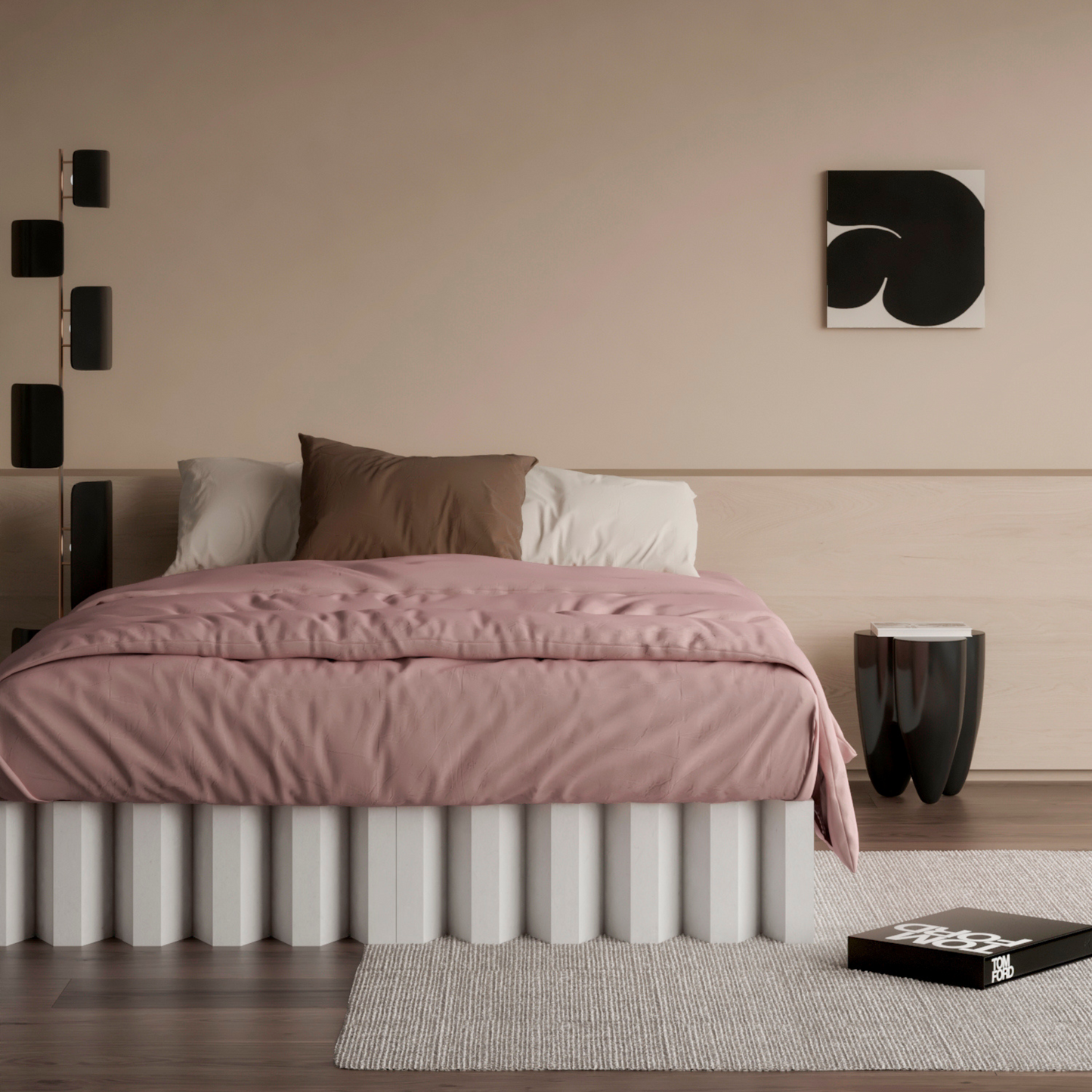 Yona Cardboard Bed in white finish with soft pink bedding and neutral decor in a modern minimalist bedroom